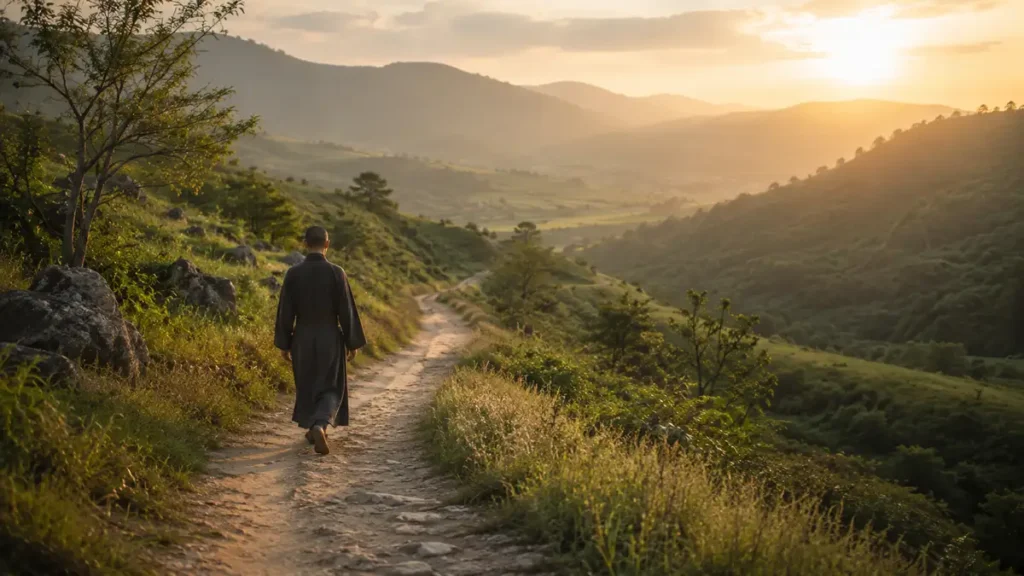 Monge caminhando por uma trilha enquanto atravessa o medo de mudar e seguir um novo caminho