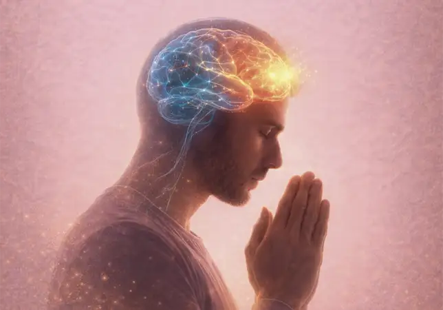 Pessoa em oração com representação visual da atividade cerebral